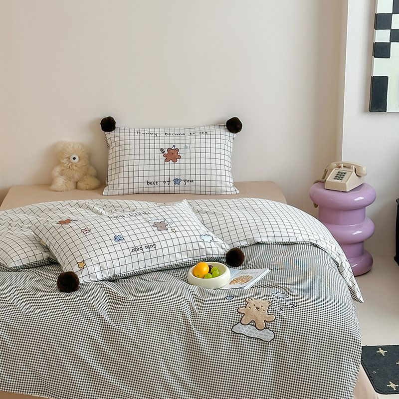 Wholesale INS Girl Heart Small Grid Cloud Bear Towel Embroidered Washed Four-Piece All 4-Piece Set Pure Cotton Bedding_maomaolike.com