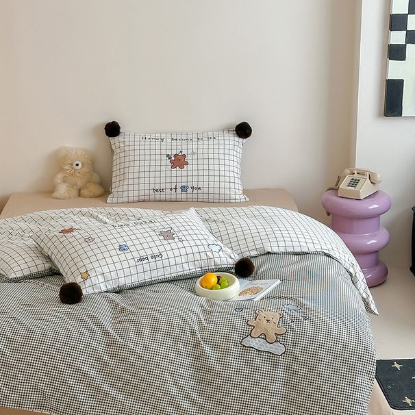 Wholesale INS Girl Heart Small Grid Cloud Bear Towel Embroidered Washed Four-Piece All 4-Piece Set Pure Cotton Bedding_maomaolike.com