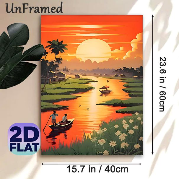 Riverside Sunset Village Landscape Painting Poster, Warm-hued Idyllic Riverside Scene Poster, Serene Tranquil Decor Suitable For Living Room, Bedroom_maomaolike.com