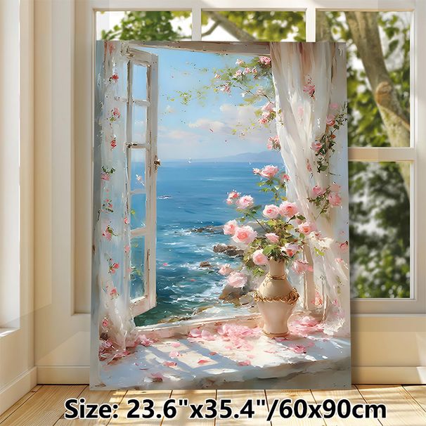 Coastal Window With Roses Painting Poster, Dreamy Impressionist-style Poster, Tranquil Ocean View With Pink Floral Design, Ideal For Bedroom And_maomaolike.com