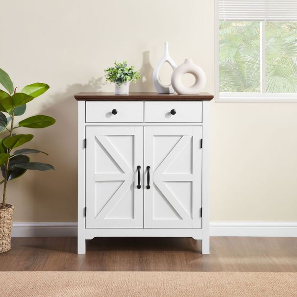 Farmhouse Buffet Cabinet With Drawer And Adjustable Shelf, Rustic White & Honey Brown Storage Cabinet, Barn Door Accent Sideboard For Kitchen, Living Room, Entryway_maomaolike.com
