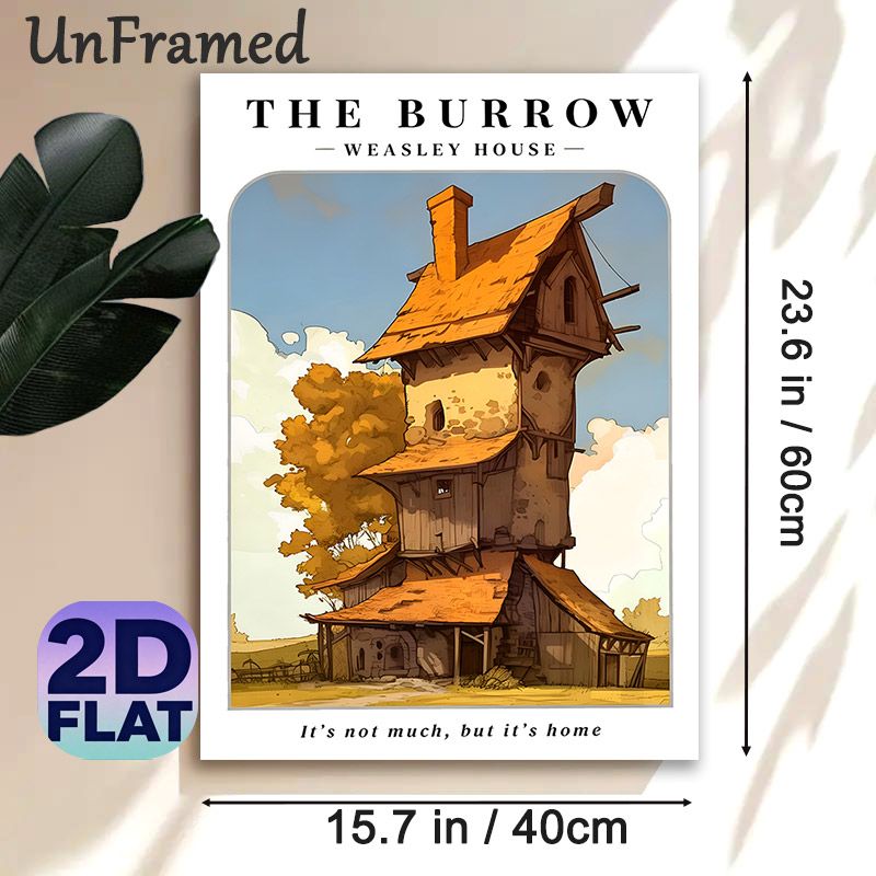 The Burrow Weasley House Painting Poster, Whimsical Rustic Lopsided Cottage With Autumnal Trees Poster, Warm Nostalgic Decor For Living Room, Bedroom_maomaolike.com