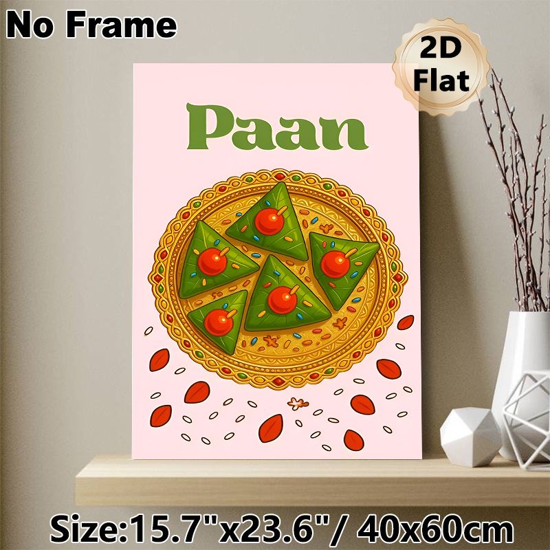 Paan Themed Painting Poster, Vibrant Cartoon-style Paan Treats On Ornate Golden Plate Poster, Charming Cultural Culinary Decor Ideal For Kitchen And_maomaolike.com