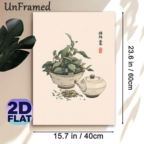 Tea Ceremony Themed Painting Poster, Serene Minimalist Watercolor Poster, Delicate Tea Bowl With Tea Leaves And Teapot Design, Calming Decor Ideal For_maomaolike.com