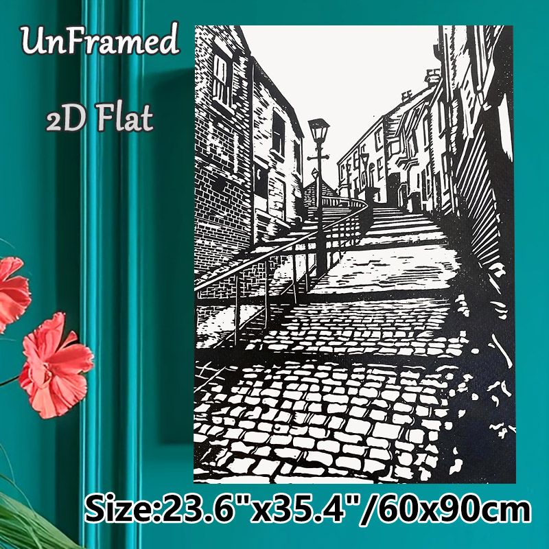 Vintage Cobblestone Alleyway Painting Poster, Monochrome Linocut-style Poster, Classic Nostalgic Urban Scene With Old Buildings And Street Lamp_maomaolike.com