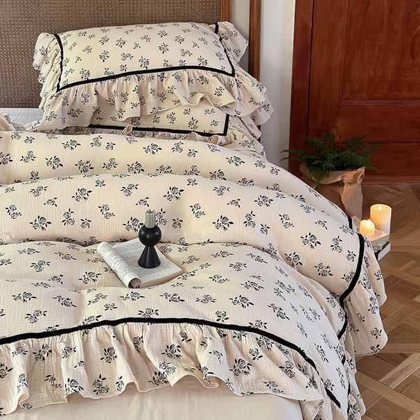 Wholesale INS French Retro Pastoral Style Soft Double Layer Gauze 4-Piece Ruffled Pure Cotton Floral Four-Piece Set_maomaolike.com