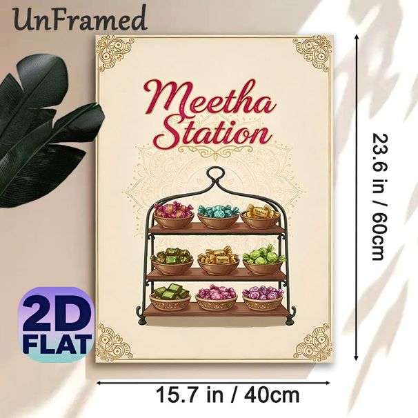 Meetha Station Painting Poster, Vintage-style Ornate Framed Colorful Indian Sweet Display Poster, Brings Warm Festive Vibe, Ideal For Restaurant_maomaolike.com