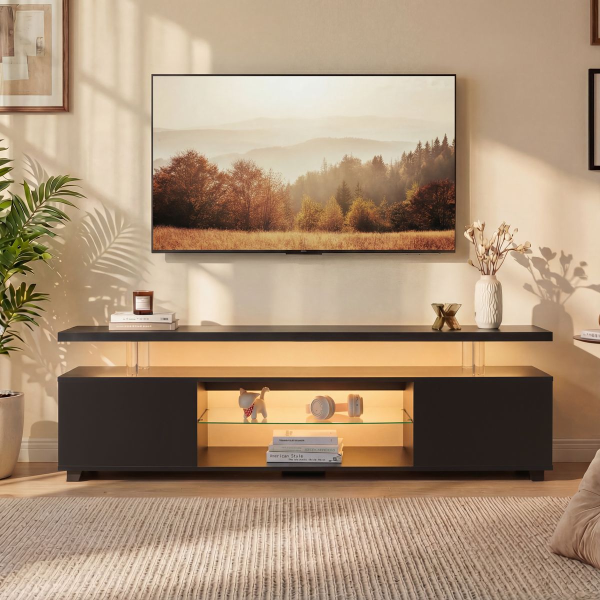 TV Stand For 60 Inch TV LED Gaming Entertainment Center Media Storage Console Table With Large Side Cabinet For Living Room Black_maomaolike.com