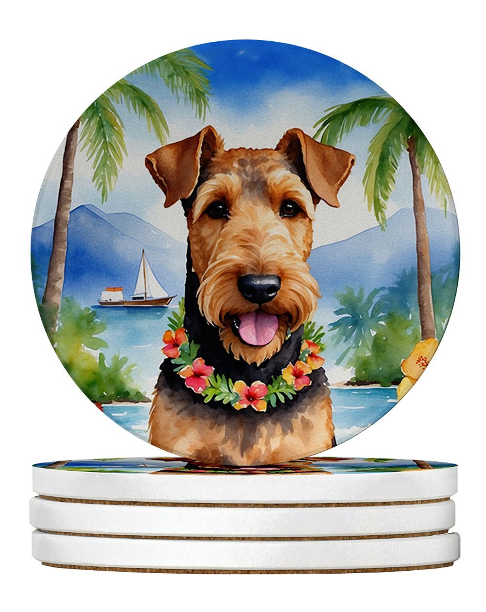 Airedale Terrier Luau Large Sandstone Coasters Pack Of 4 Absorbent Round Coasters Decor Gifts For Men Or Women, 4 In, Multicolor_maomaolike.com