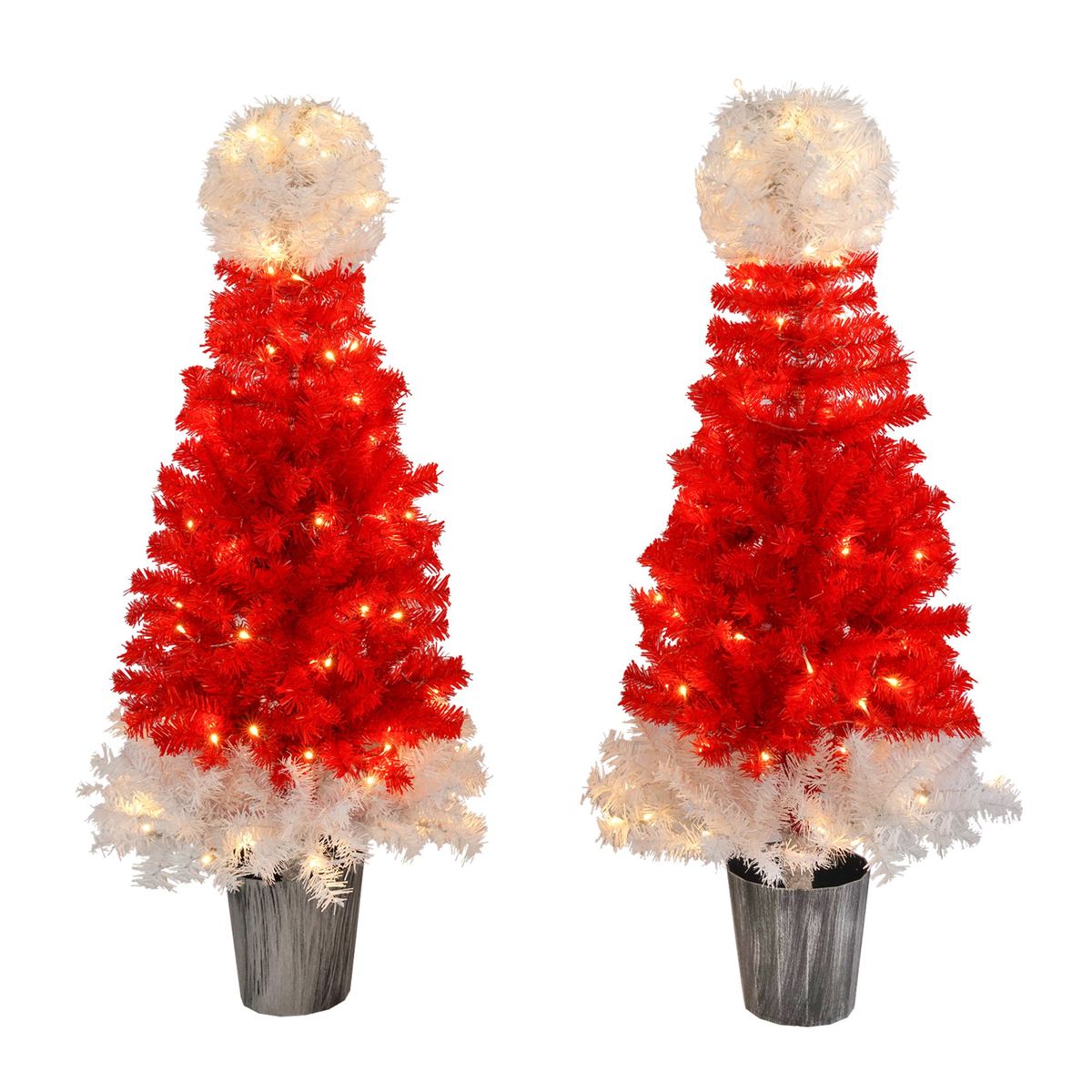 Lighted Santa Hat Style Christmas Tree Set Of 2, 4ft Artificial Tree With Warm White Lights, Christmas Tree For Decoration Inside And Outside_maomaolike.com