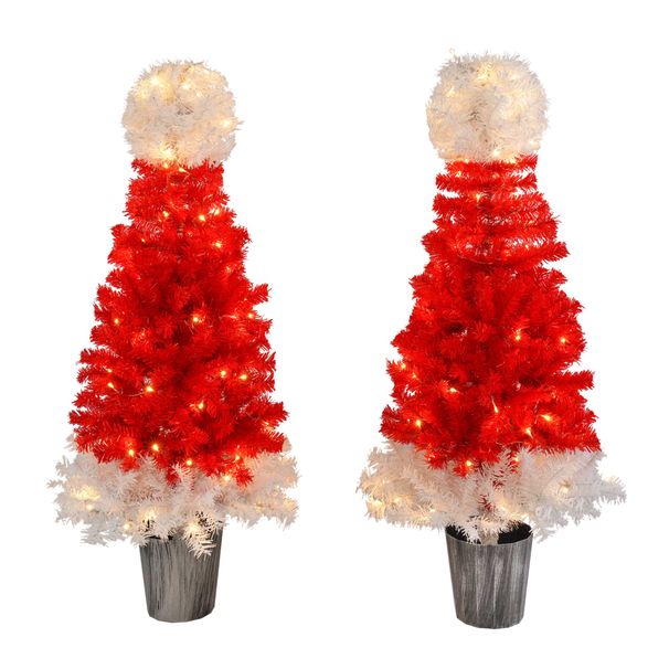 Lighted Santa Hat Style Christmas Tree Set Of 2, 4ft Artificial Tree With Warm White Lights, Christmas Tree For Decoration Inside And Outside_maomaolike.com