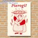 Pierogi Themed Painting Poster, Vintage Red Line Art Poster, Warm Homely Design Featuring Cheerful Lady With Steaming Pierogi Platter, Ideal For_maomaolike.com