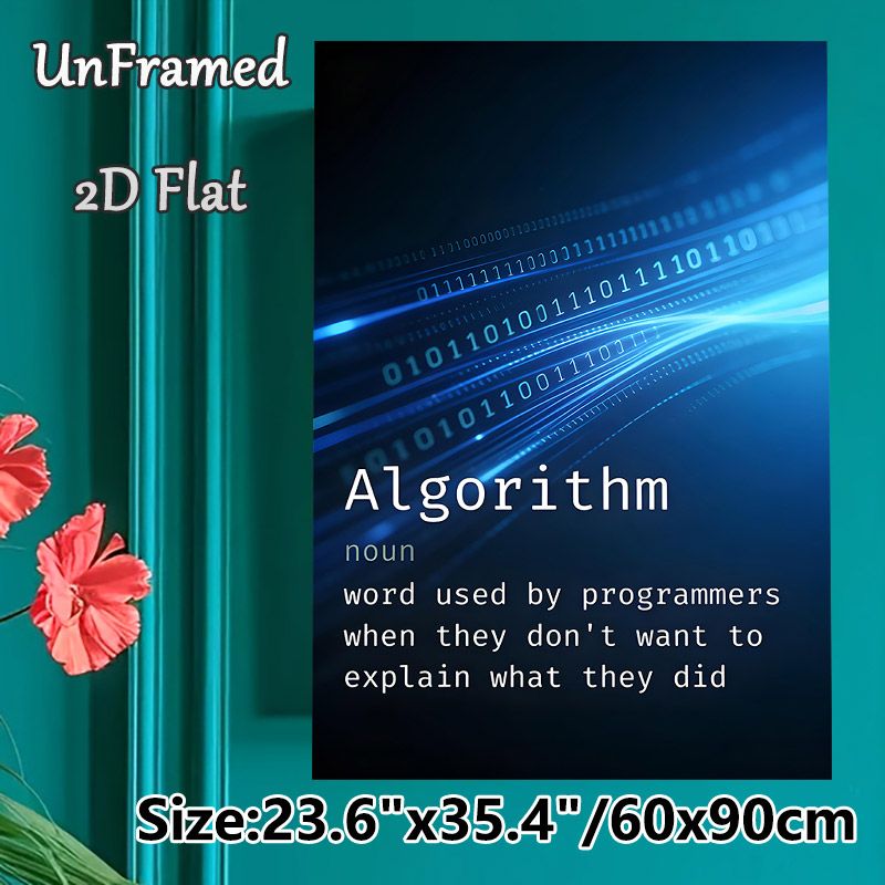 Algorithm Themed Painting Poster, Sleek Blue Binary Code Graphic Poster, Humorous Programmer Definition Design, Suitable For Tech Office Or Workspace_maomaolike.com