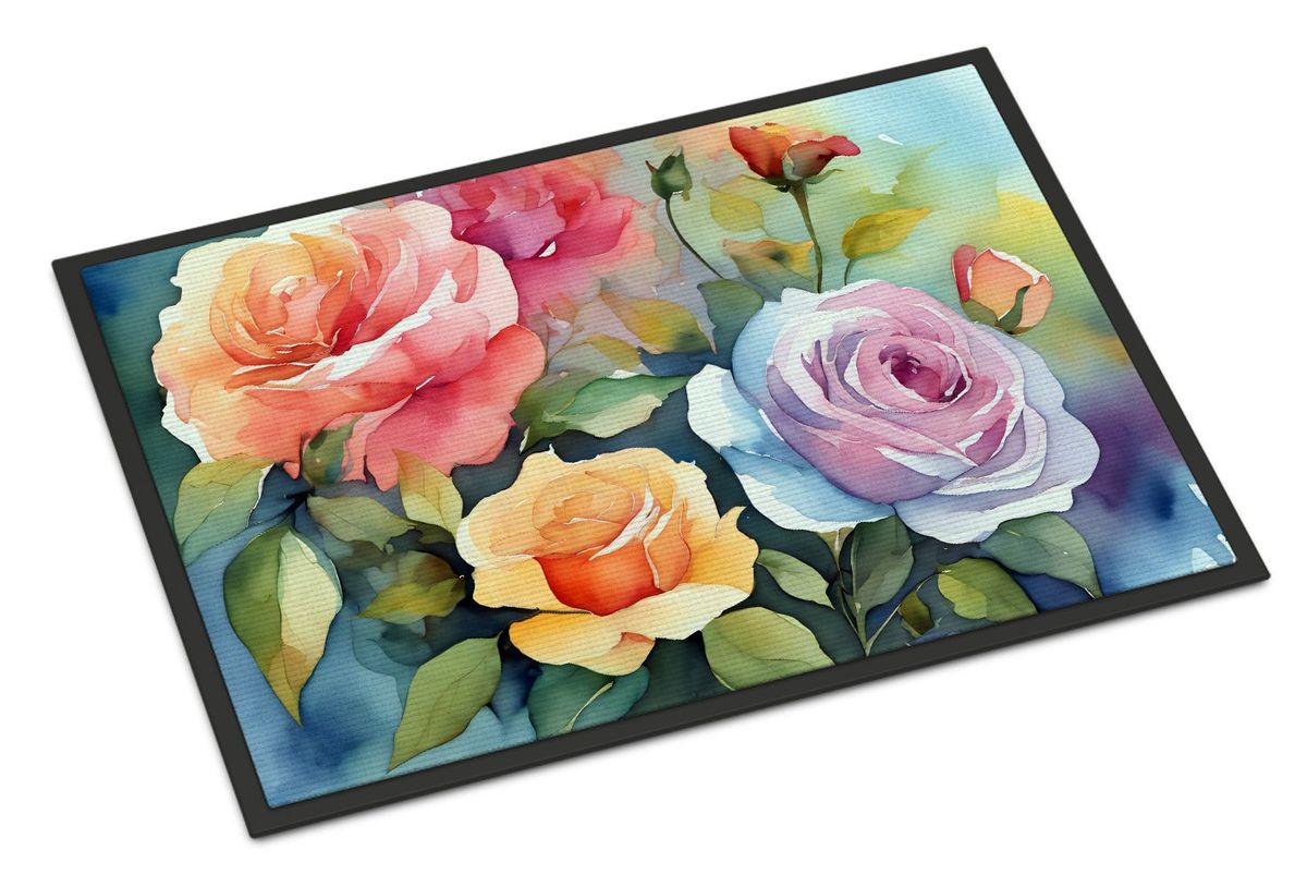 Roses In Watercolor Doormat Front Door Mat Indoor Outdoor Rugs For Entryway, Non Slip Washable Low Pile, 24H X 36W_maomaolike.com