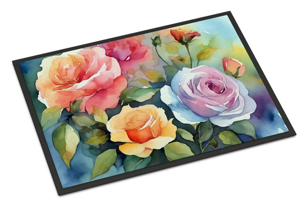 Roses In Watercolor Doormat Front Door Mat Indoor Outdoor Rugs For Entryway, Non Slip Washable Low Pile, 24H X 36W_maomaolike.com