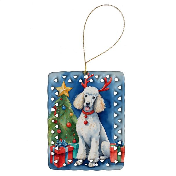 White Standard Poodle Christmas Reindeer Porcelain Ornament Christmas Tree Hanging Decorations For Home Christmas Holiday, Rectangle, Gift, Multicolor_maomaolike.com