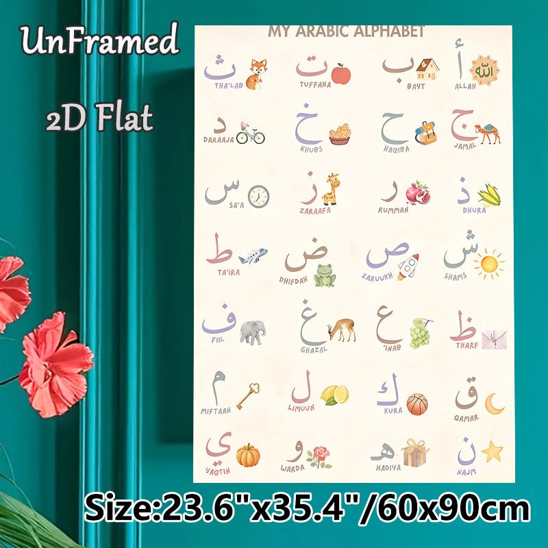 Arabic Alphabet Learning Painting Poster, Pastel-toned Watercolor-style Alphabet With Matching Illustrations Poster, Practical Educational Tool For_maomaolike.com