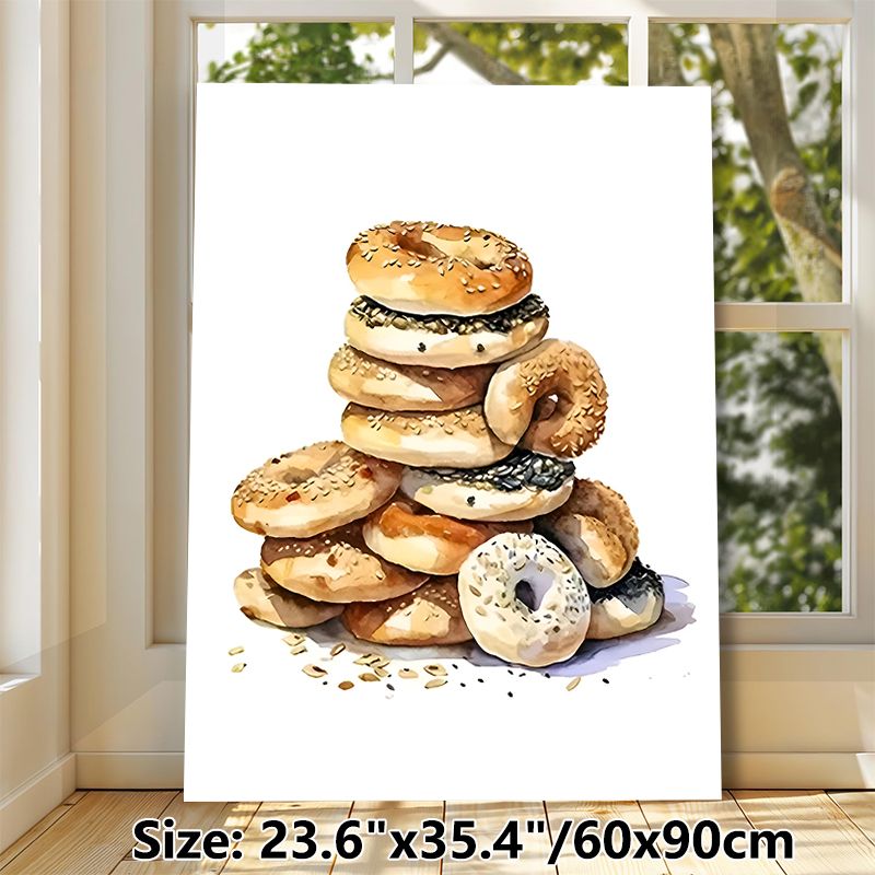 Bagel Themed Painting Poster, Warm-toned Watercolor Stacked Assorted Bagels Poster, Brings Cozy Culinary Vibe, Ideal For Kitchen And Dining Area_maomaolike.com