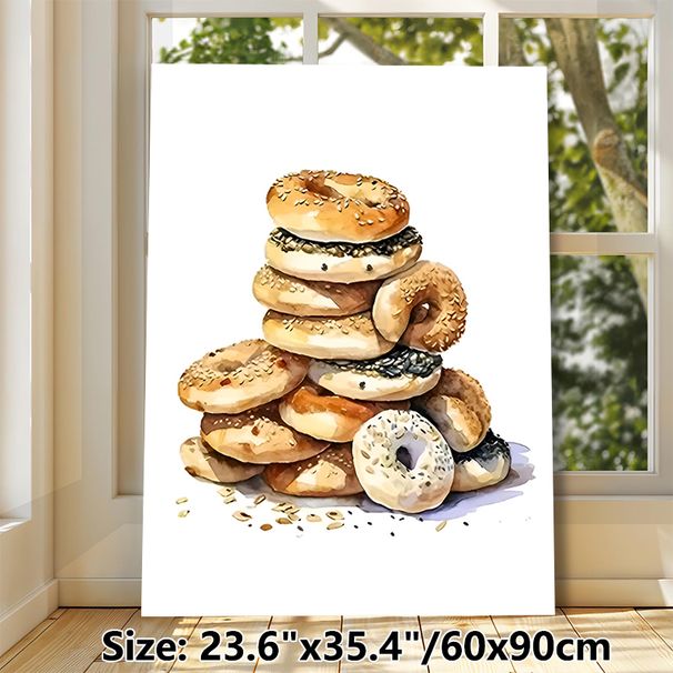 Bagel Themed Painting Poster, Warm-toned Watercolor Stacked Assorted Bagels Poster, Brings Cozy Culinary Vibe, Ideal For Kitchen And Dining Area_maomaolike.com