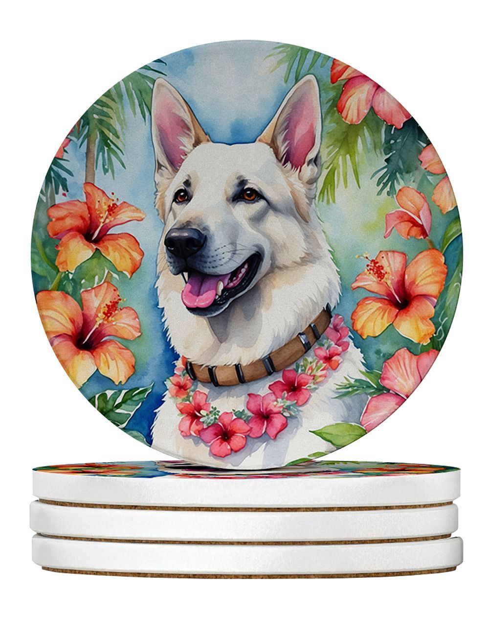 White German Shepherd Luau Large Sandstone Coasters Pack Of 4 Absorbent Round Coasters Decor Gifts For Men Or Women, 4 In, Multicolor_maomaolike.com