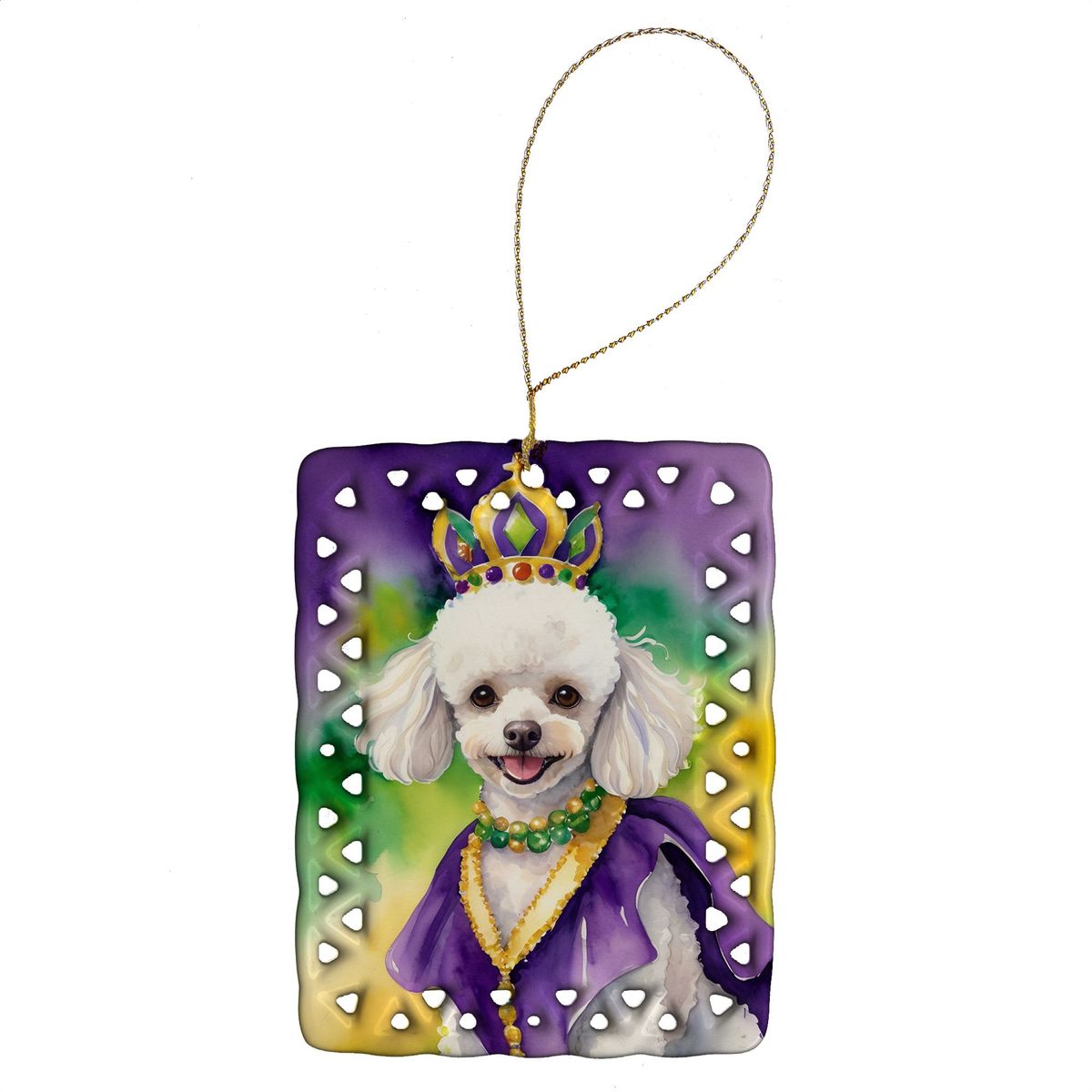 White Poodle King Of Mardi Gras Porcelain Ornament Christmas Tree Hanging Decorations For Home Christmas Holiday, Rectangle, Gift, Multicolor_maomaolike.com