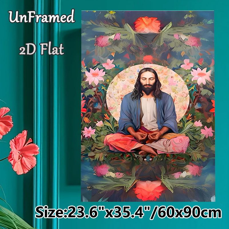 Jesus Meditation Painting Poster, Serene Spiritual Figure With Vibrant Floral Surrounding Poster, Peaceful Spiritual Decor Ideal For Home, Meditation_maomaolike.com