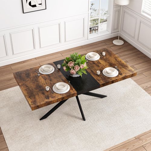 Retro Rectangular Stretch Dining Table, Antique Wood Top And Black Relief Plate, Black Fine Sand Cross Iron Foot Base Dining Table, With Storage Box_maomaolike.com