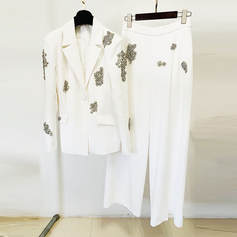 Women's clothing fashion new heavy beaded diamond one-button suit jacket wide-leg pants suit two pieces_maomaolike.com