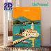 Corfu Coastal Village Painting Poster, Vibrant Retro Mediterranean Scenic Poster, Eye-catching Coastal Church & Boat Artwork Ideal For Living Room_maomaolike.com