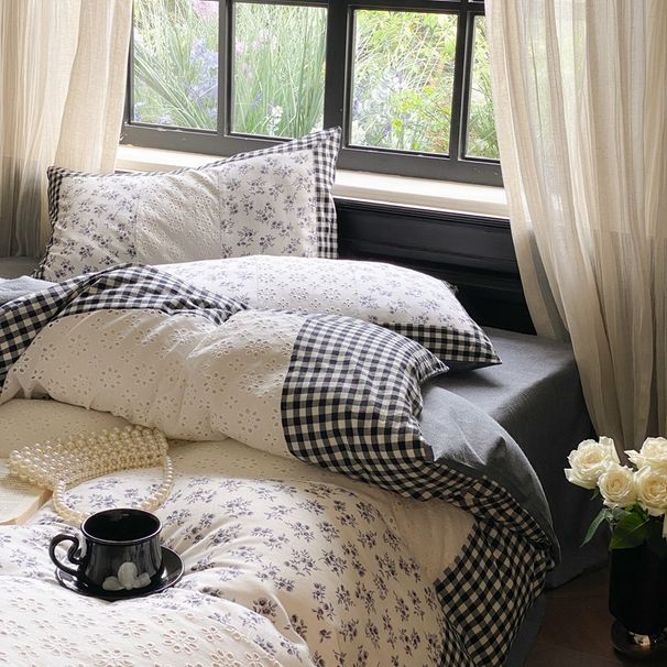 Wholesale INS Japanese Small Plaid Pure Four-Piece All-Cotton Color Block Simple Nordic Style Washed Cotton 4-Piece Set_maomaolike.com