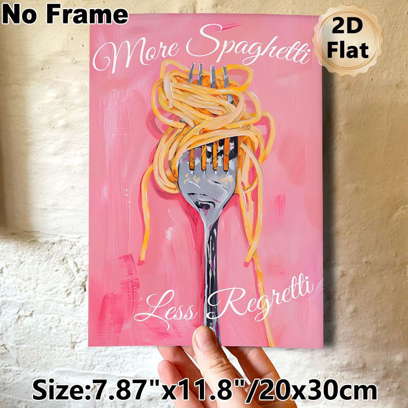 Spaghetti Fork Themed Painting Poster, Vibrant Brushstroke-style Whimsical Pasta-wrapped Fork Poster, Playful Food Decor With "More Spaghetti Less_maomaolike.com