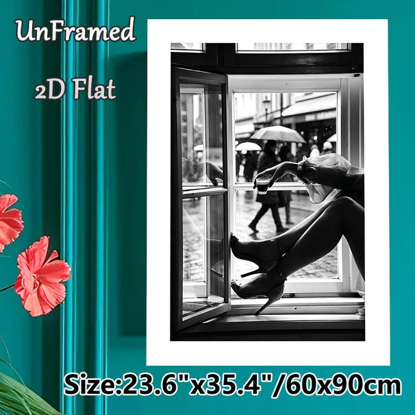 Rainy City Window Coffee Painting Poster, Monochrome Elegant Urban Leisure Scene Poster, Stylish Minimalist Decor Ideal For Cafe, Living Room, Bedroom_maomaolike.com