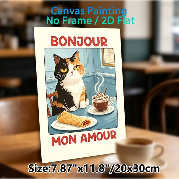 French Café Themed Cat Painting Poster, Warm-toned Vintage Cartoon Poster, Charming Design With Calico Cat, Coffee And Crepe, Cozy French Vibe Decor_maomaolike.com