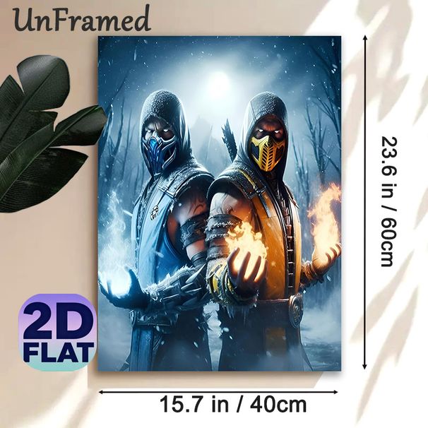 Ninja Warrior Painting Poster, Mysterious Dark Fantasy Style Poster, Hooded Warriors With Ice And Fire Powers In Snowy Forest, Striking Wall Decor For_maomaolike.com