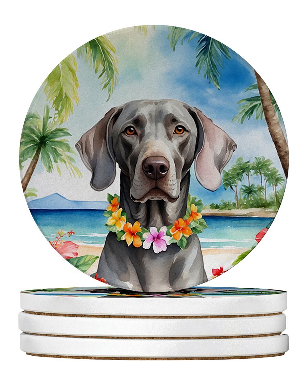 Weimaraner Luau Large Sandstone Coasters Pack Of 4 Absorbent Round Coasters Decor Gifts For Men Or Women, 4 In, Multicolor_maomaolike.com