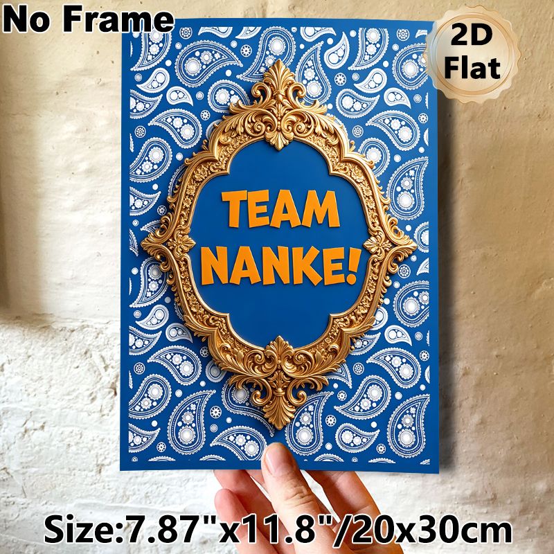 Team Nanke Themed Painting Poster, Luxury Golden Ornate Framed Blue Paisley Patterned Poster, Vibrant Typography Design Ideal For Office & Team_maomaolike.com
