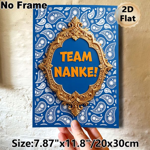 Team Nanke Themed Painting Poster, Luxury Golden Ornate Framed Blue Paisley Patterned Poster, Vibrant Typography Design Ideal For Office & Team_maomaolike.com