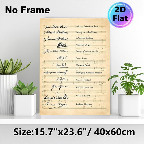 Famous Composers Signature & Sheet Music Painting Poster, Vintage-style Retro Composer Signatures With Musical Notes Poster, Brings Artistic Musical_maomaolike.com