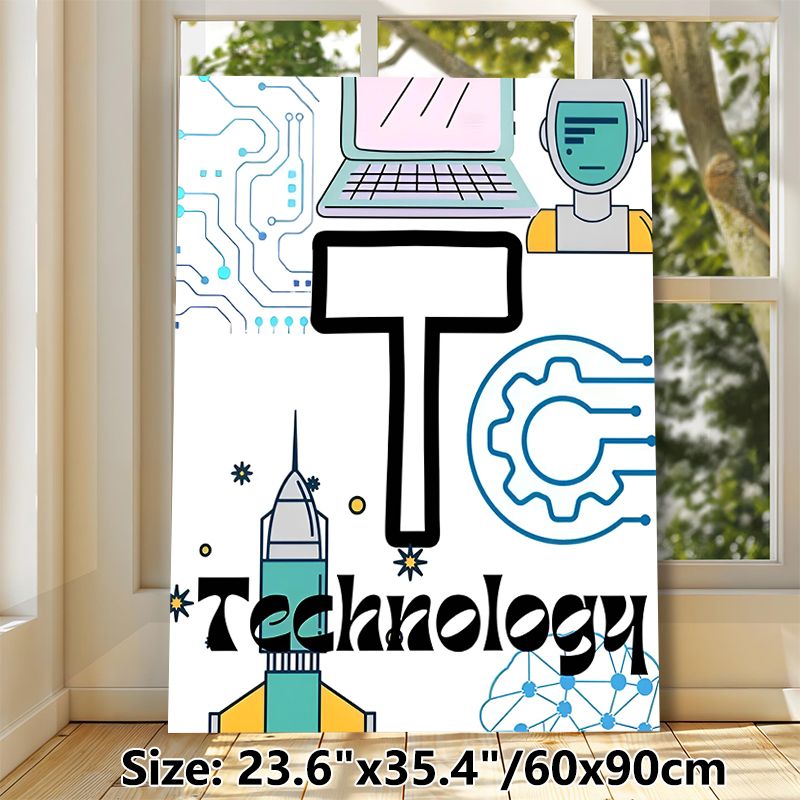 Technology Themed Painting Poster, Vibrant Cartoon Tech Elements Poster, Sleek Tech-inspired Decor Ideal For Home Office, Tech Workspace And Study_maomaolike.com
