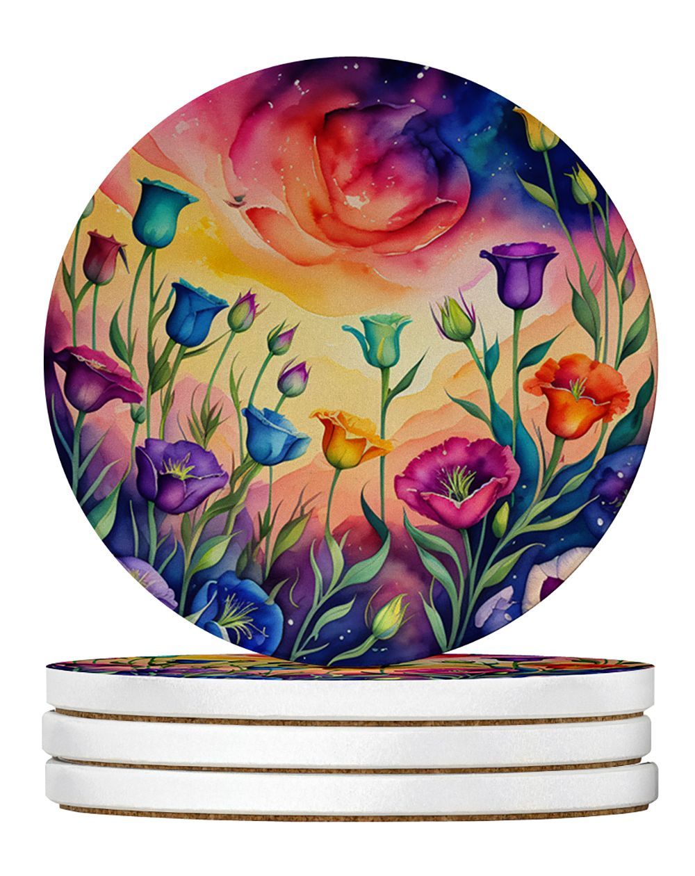 Colorful Lisianthus Large Sandstone Coasters Pack Of 4 Absorbent Round Coasters Decor Gifts For Men Or Women, 4 In, Multicolor_maomaolike.com