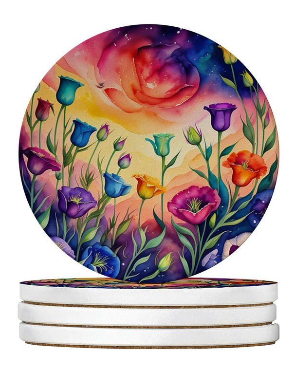 Colorful Lisianthus Large Sandstone Coasters Pack Of 4 Absorbent Round Coasters Decor Gifts For Men Or Women, 4 In, Multicolor_maomaolike.com