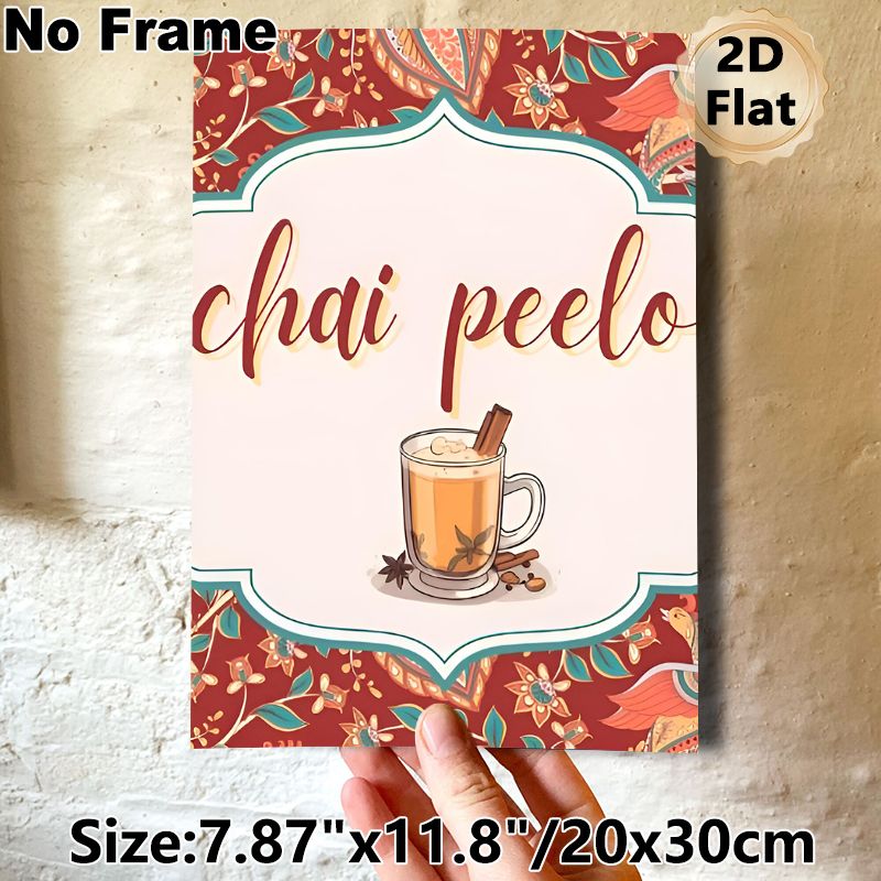 Chai Peelo Themed Painting Poster, Vibrant Ethnic Style Poster, Bohemian Patterned Border With Spiced Chai Cup, Warm Cozy Decor Ideal For Kitchen And_maomaolike.com
