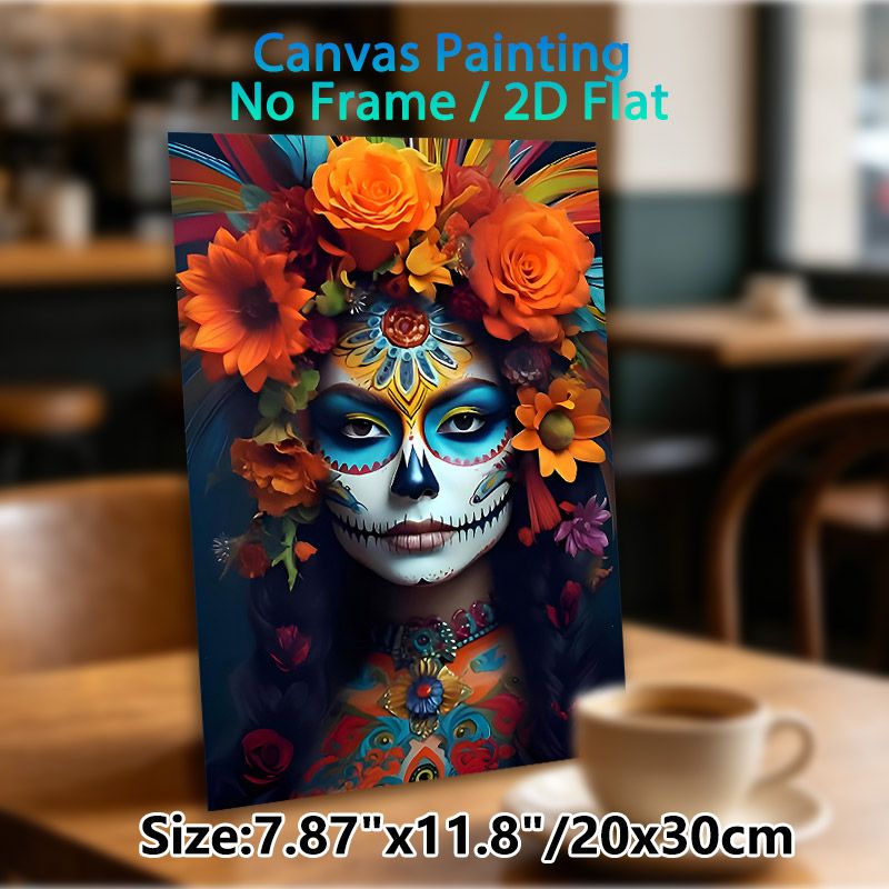 Day Of The Dead Themed Painting Poster, Vibrant Colorful Sugar Skull Portrait Poster, Eye-catching Cultural Artwork Ideal For Home Wall Decor, Festive_maomaolike.com