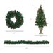 HOMCOM Prelit Holiday Christmas 4-Piece Set, Garland Wreath And Set Of 2 Entrance Trees With Warm White LED Lights, Red Berries, Pine Cones, Green_maomaolike.com
