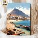 Cape Verde Coastal Village Painting Poster, Warm-toned Illustrative Seaside Scene Poster, Peaceful Coastal View With Fishing Boats And Mountain, Ideal_maomaolike.com