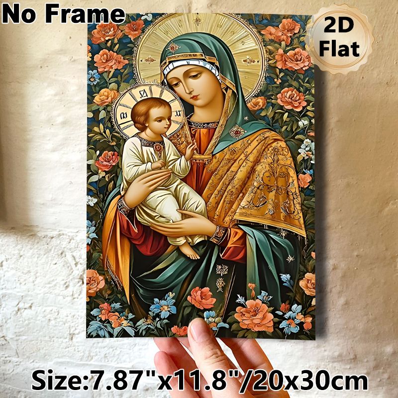 Virgin Mary And Child Religious Painting Poster, Exquisite Traditional Sacred Icon Style Poster, Serene Spiritual Artwork Surrounded By Vivid Florals_maomaolike.com