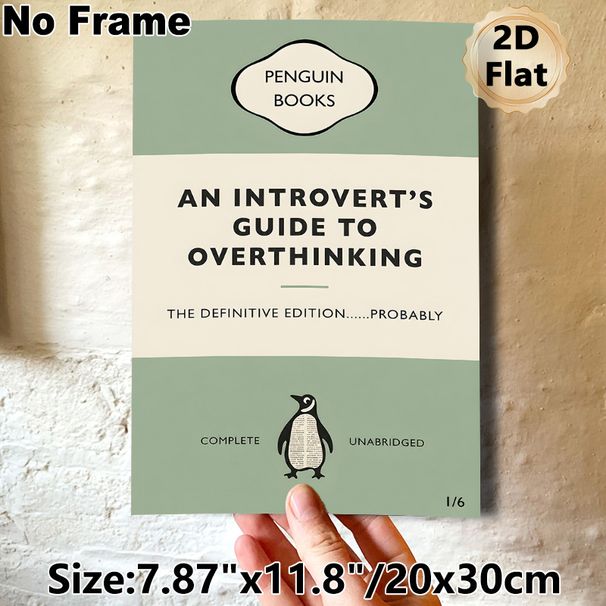 Introvert's Overthinking Guide Penguin Books Painting Poster, Vintage Minimalist Typographic Poster With Penguin Graphic, Witty Relatable Design Ideal_maomaolike.com