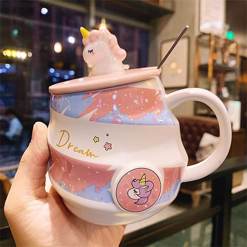 Ceramic Unicorn Water Spiral Rainbow Mug Coffee With Lid Spoon Cute Girls Home Drinking Cup_maomaolike.com