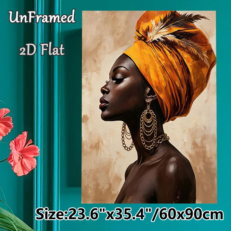 African Woman Portrait Painting Poster, Vibrant Textured Oil Style Poster, Elegant Figure In Orange Headwrap With Golden Jewelry, Artistic Cultural_maomaolike.com