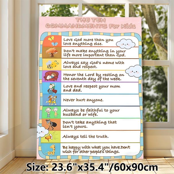 Ten Commandments Themed Painting Poster, Colorful Cartoon Illustrative Poster, Inspirational Moral Guidance Decor Idea For Home, Study Area_maomaolike.com